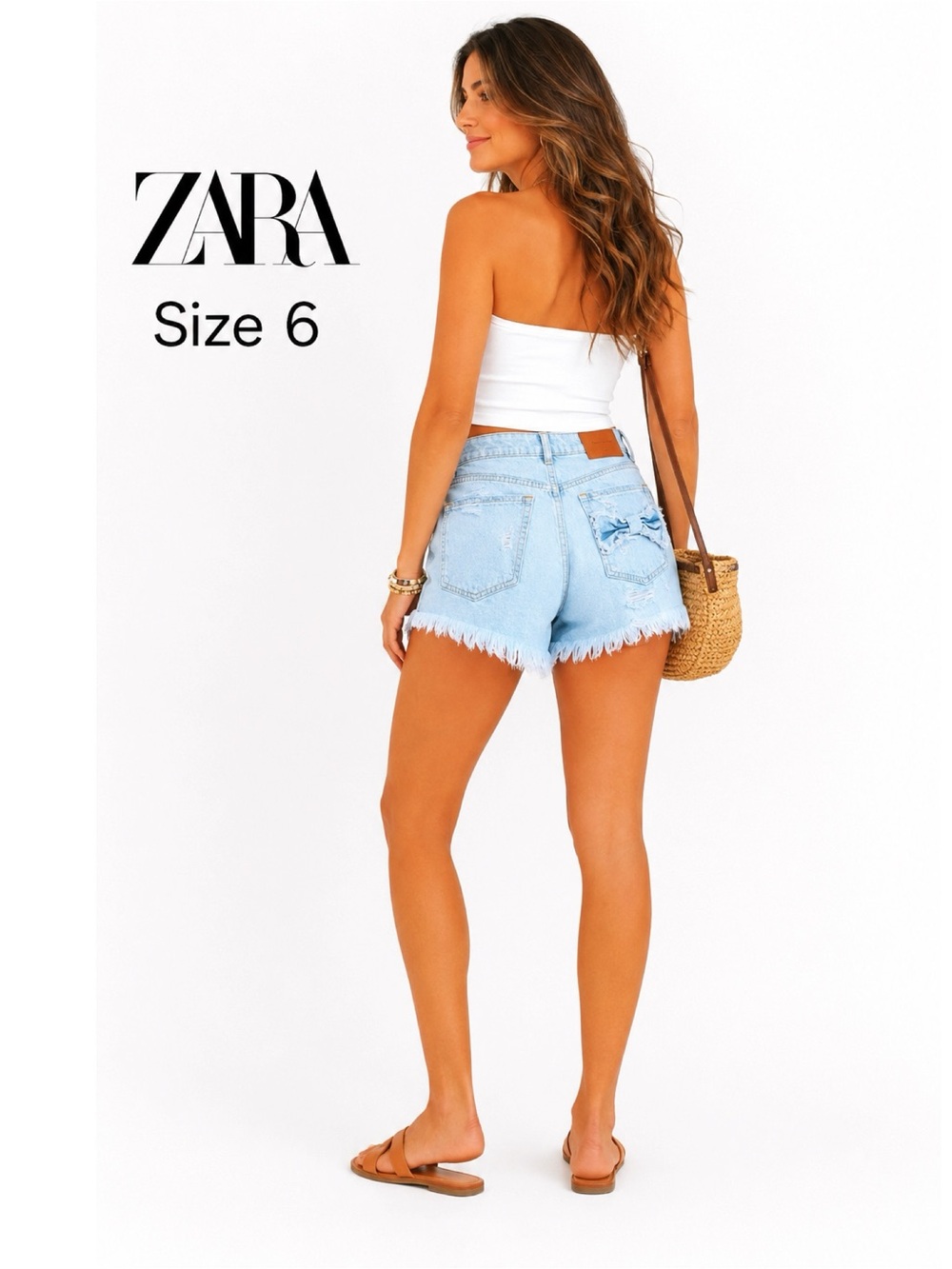 ZARA Ripped Bow Back Fringe Jean Shorts Size 6